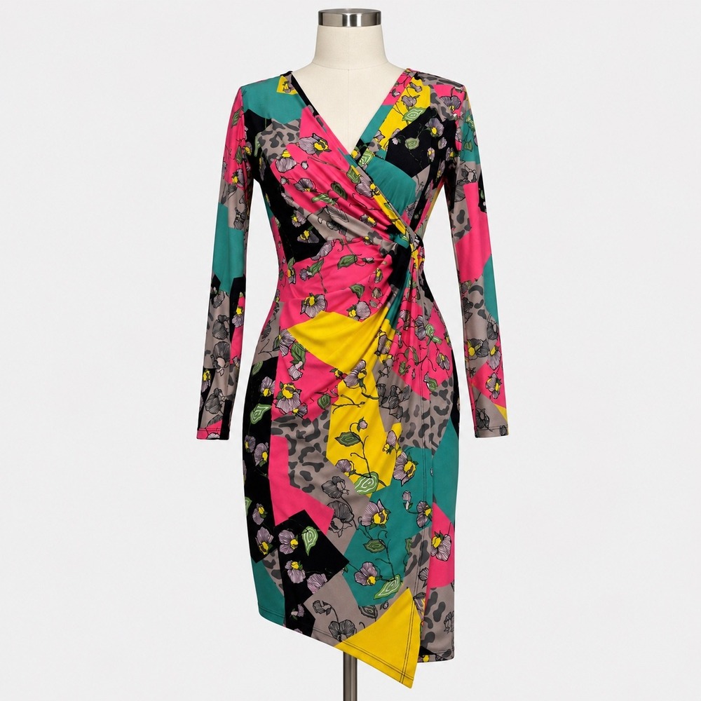 Thais Rodrigues Faux Wrap Dress P Multicolor Floral Leopard Geometric Ruched